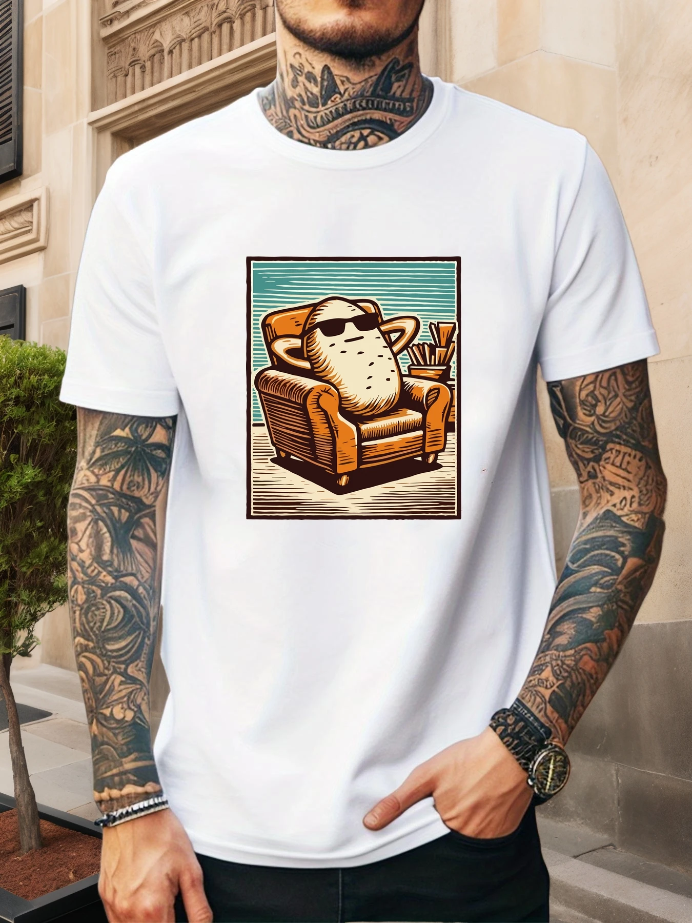Men Burgundy Crew Neck Tee Retro Cool Potato Wearing Sunglasses Resting On Armchair French Fries Vintage Block Print Cotton Top