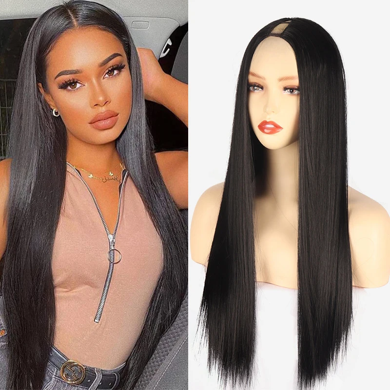 European and American style women's hair extensions, black long straight synthetic hairpiece, clip-on half , V Part Wig