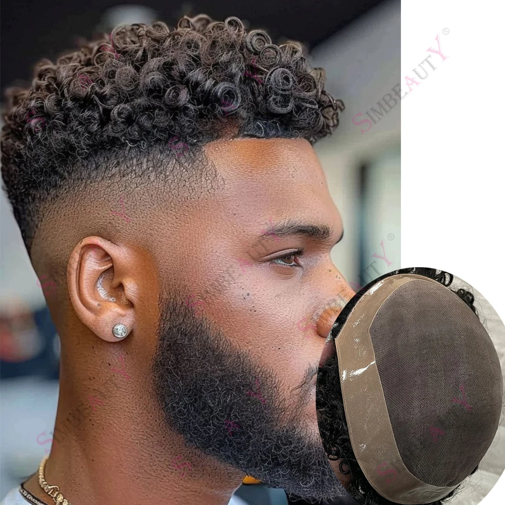 

10mm/12mm Afro Man Kinky Curly Natural Human Hair Toupee African American Male Natural Hairline Mono Lace Capillary Prosthesis