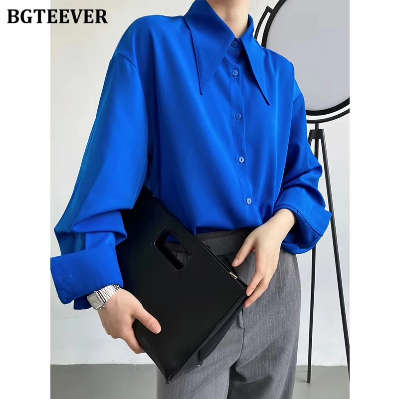

BGTEEVER Осенние свободные однобортные женские рубашки-топы, элегантные блузки с отложным воротником и длинным рукавом, модные женские блузы