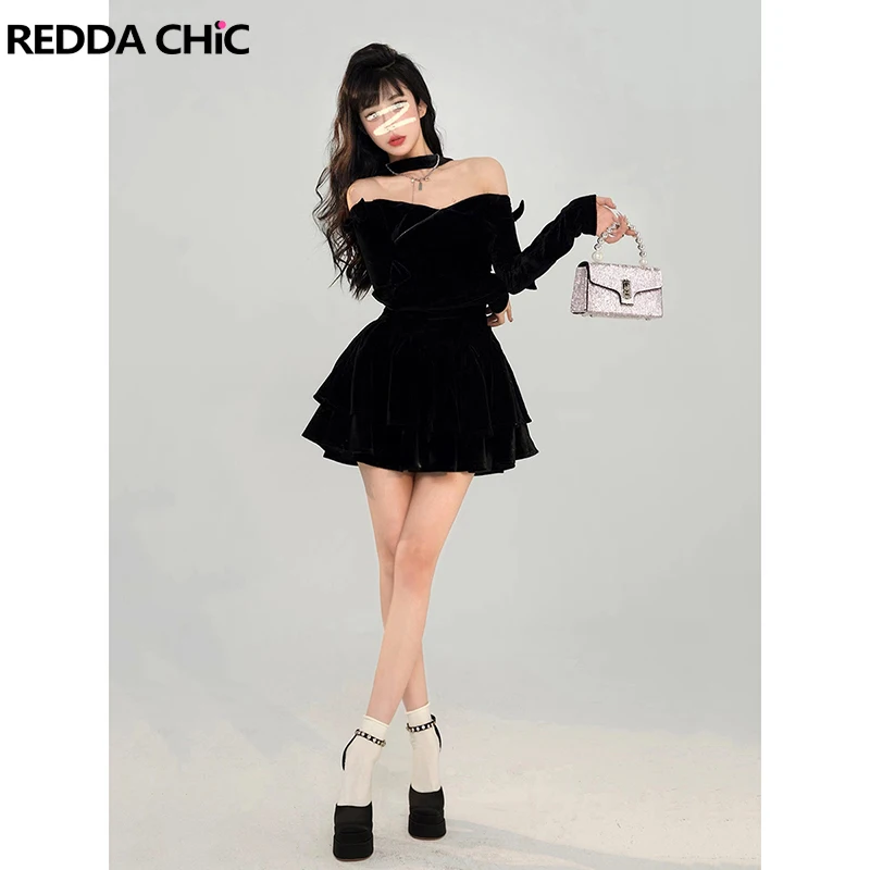 

REDDACHiC Christmas Black Velvet Mini Dress Women Bow Long Sleeves Off-shoulder Halter Elegant Retro Birthday Party Puffy Dress