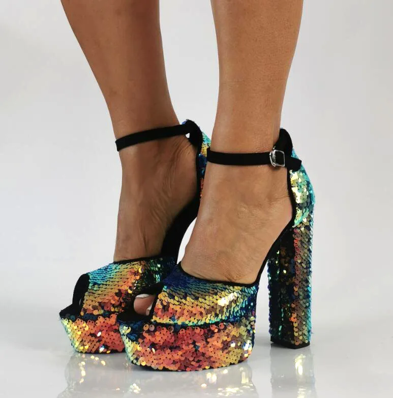 

Summer Multi Laser Sequins Chunky High Heel Sandals Peep Toe Ankle Strap Dance Stage Bling Sandalias Shoes Woman