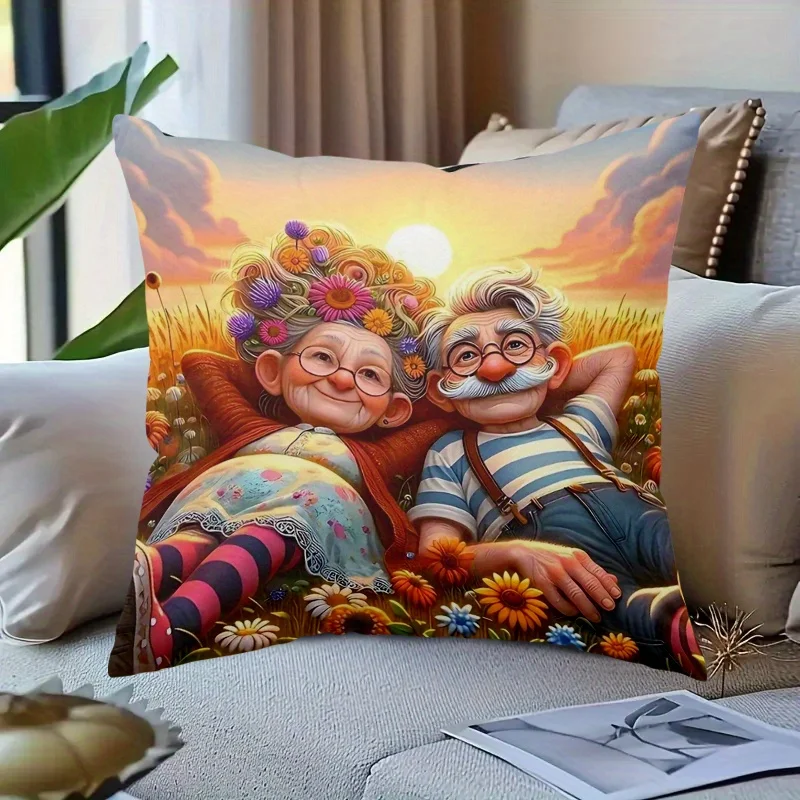 1pc Romantic Grandma & Grandpa Sunset Flower Field Print Throw Pillow Cover,Suitable for Sofa,LivingRoom,a Warm Gift for Seniors