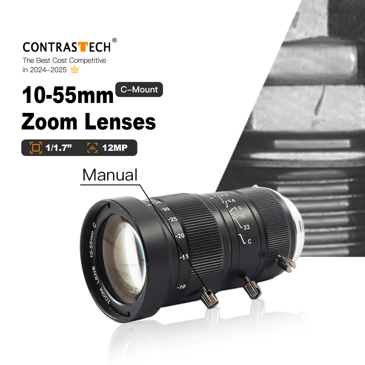 

Cheap HD 1/1.7" 12MP 10-55mm Manual Iris Industrial C-mount Zoom Lens Without Distortion