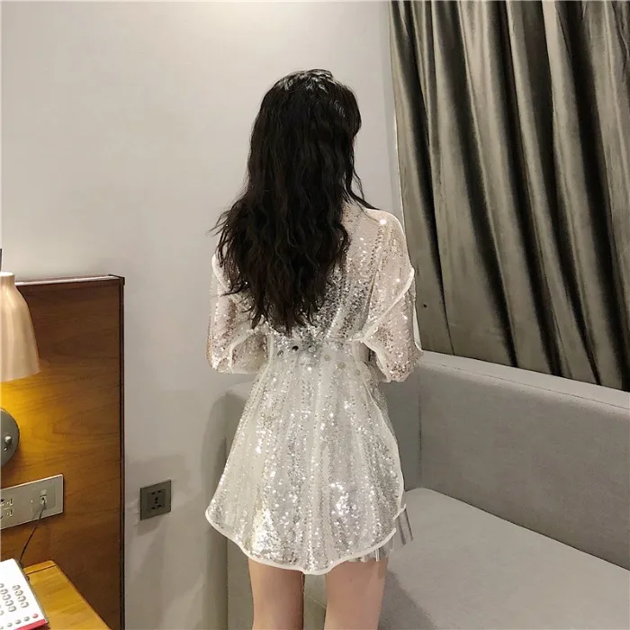 Bling Glittering Sequined Shirts Spring Autumn Women Beaded Blouse Rhinestone Belt Single-breasted Long-sleeved Crop Tops Blusas