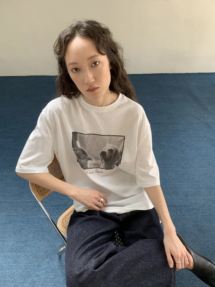 

Retro Print Snowflake Cotton T-Shirt Five-Quarter Sleeve Doggies I Love Bathing Loose Fit round Neck Casual Summer Top