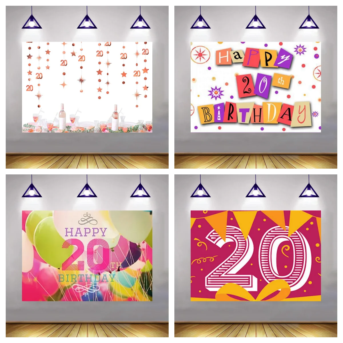 

Happy 20th Birthday Party Starry rain Backdrop Banner Balloon Purple artistic style Photography Background for Girls Art fonts