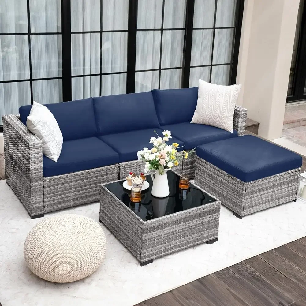 L-Shaped All-Weather Wicker Outdoor Sectional Sofa Set with Ottoman and Glass Table, Blue
