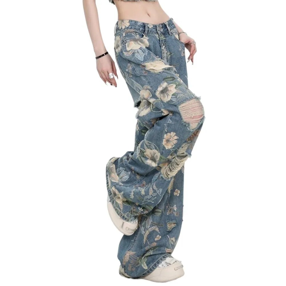 Harajuku Floral Jeans Women Y2K Ripped Baggy Broken Hollow Pants Streetwear Wide Leg Straight Denim Trousers Boys Girls