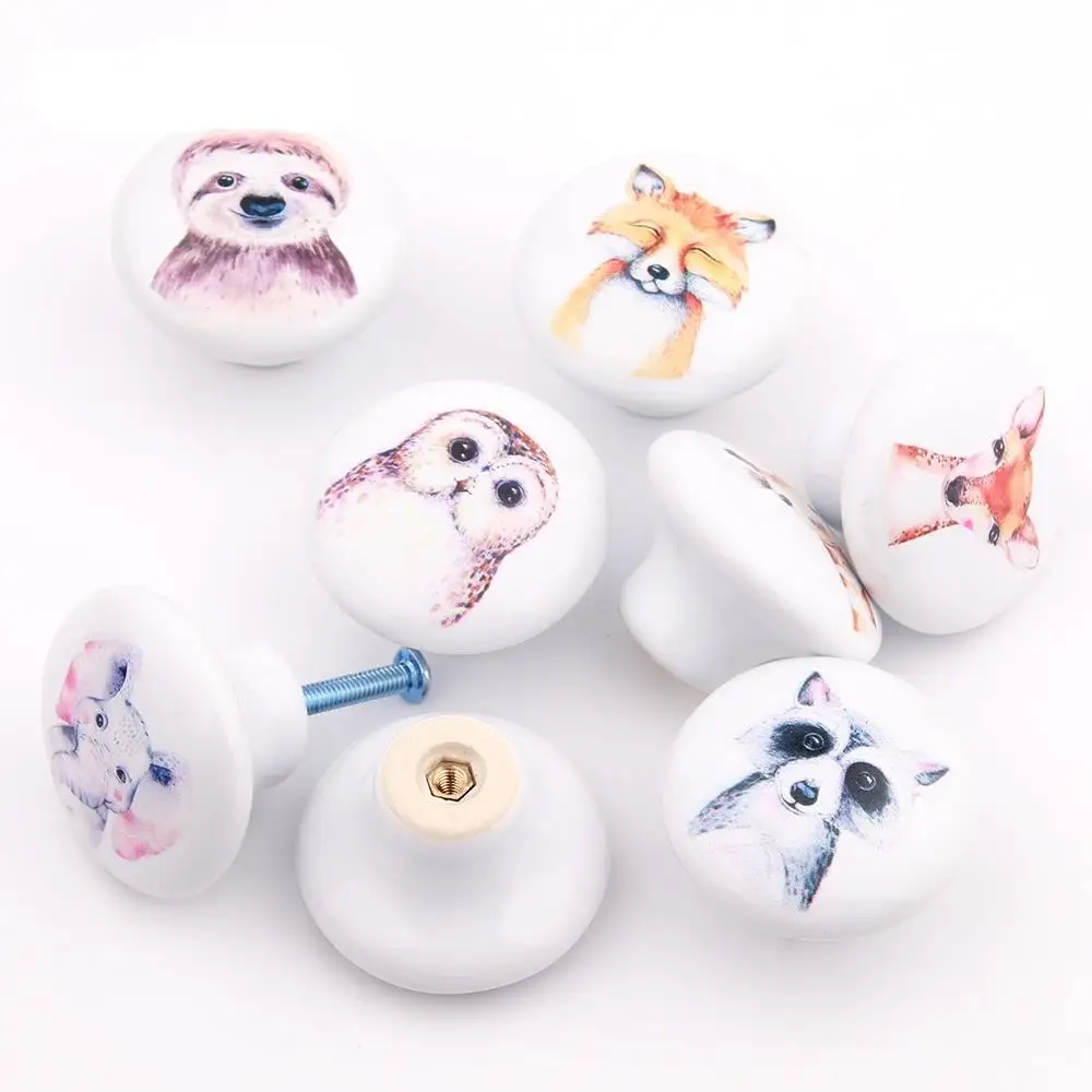 Round shape Pull Flower Handle Ceramic Knob 38mm*26mm Nordic Cartoon Ceramic Animals Cute Cabinet Drawer Hook for Furniture