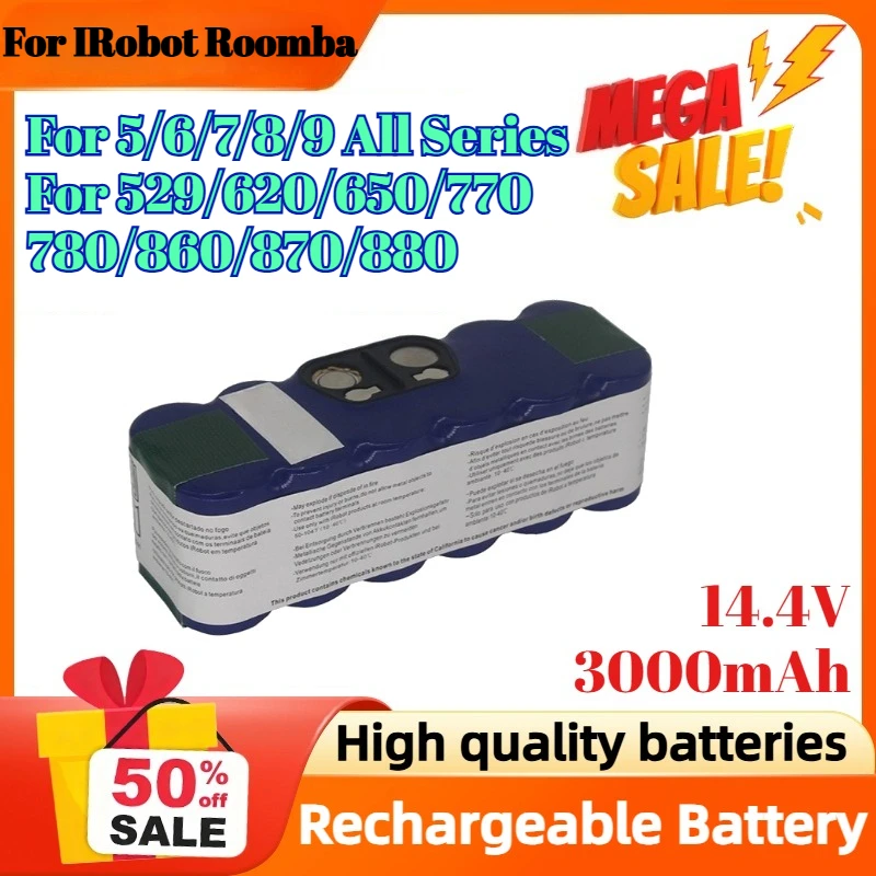 

14.4V 3000mAh Battery for IRobot Roomba 5/6/7/8/9 All Series for 529/620/650/770/780/860/870/880 Electric Sweeper Battery