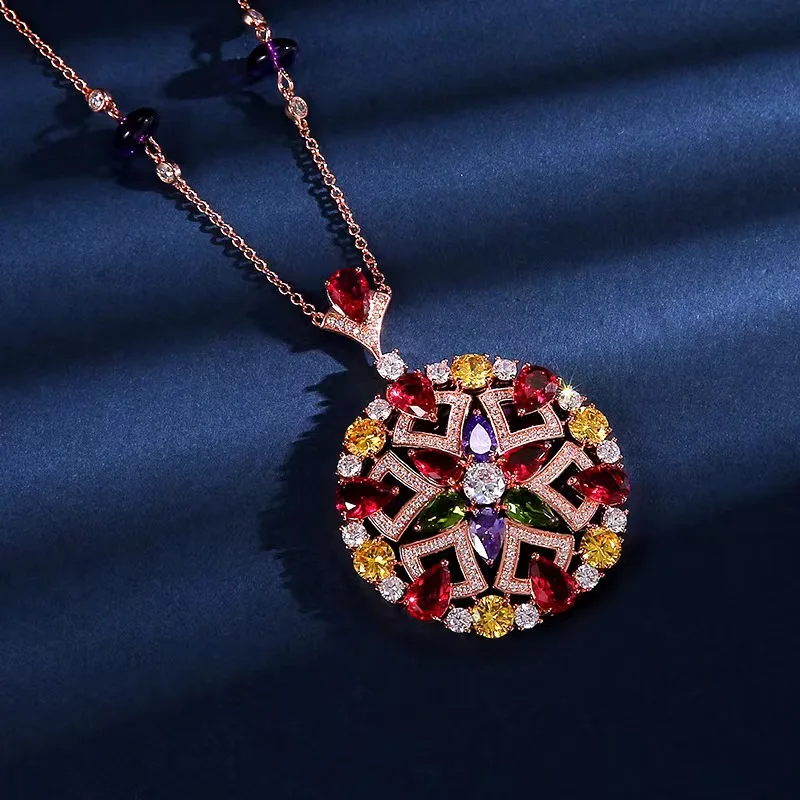 Cross-border jewelry fan color treasure necklace Creative personality fashion long evening wear round fan sweater chain