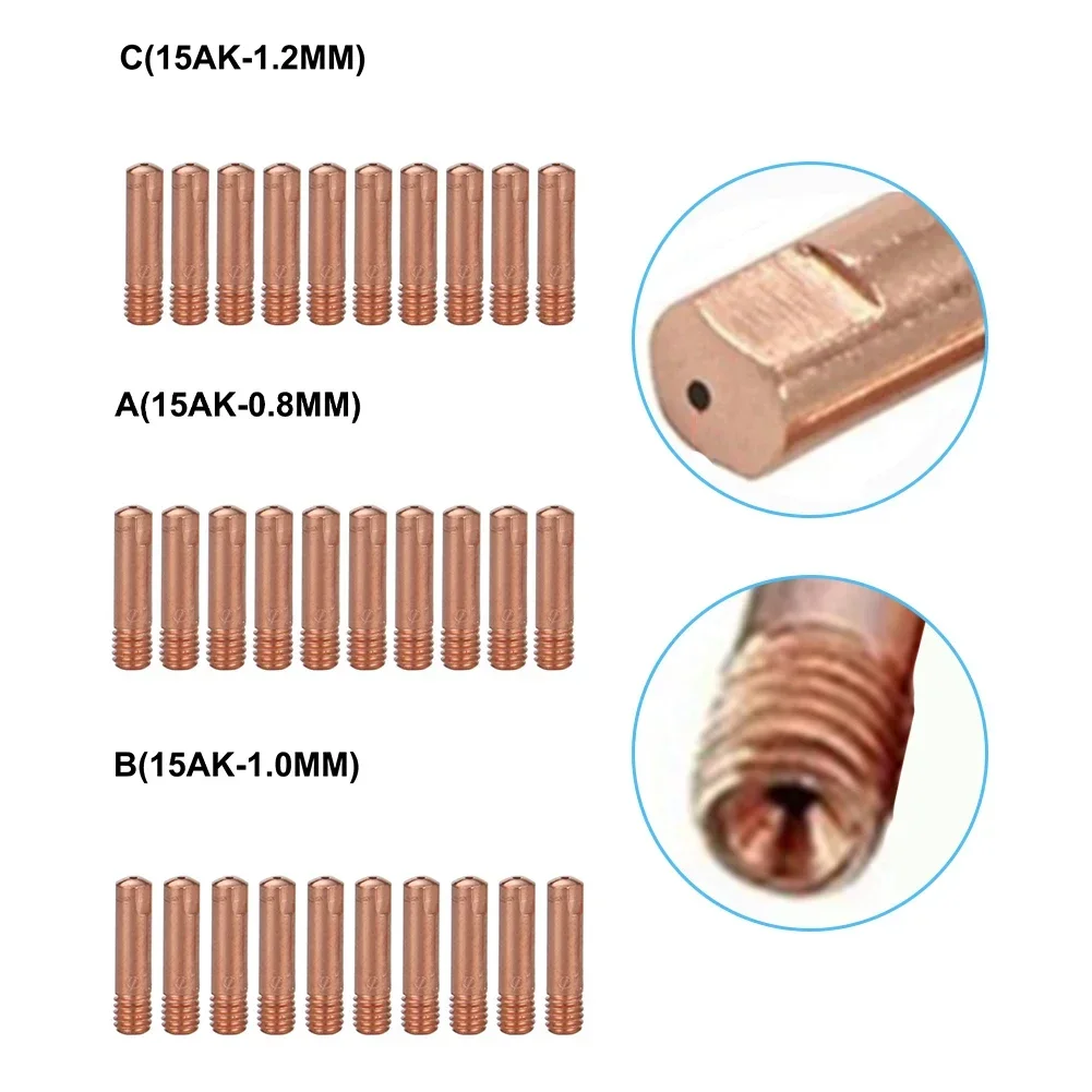 10PCS Metal Tip Nozzle 15AK M6*24mm Welding Torch Contact Tip Gas Nozzle 0.8/1.0/1.2mm Tools 50*40*20 Mm