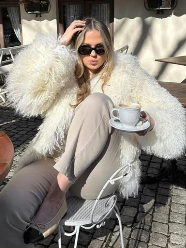 Chic Fluffy Warm Long Sleeve Open Stitch Coat Women Fashion O-neck Faux Fur Short Jacket Autumn Winter Lady High Street Outwear