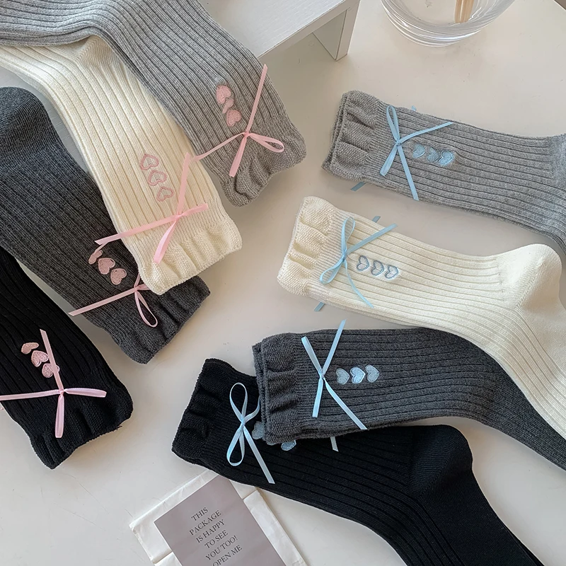 Women's Socks New Trendy Embroidery Bow Sweet Frilly Socks Female Casual Breathable Simple Sweet Cute Socks Long Fashion Cotton