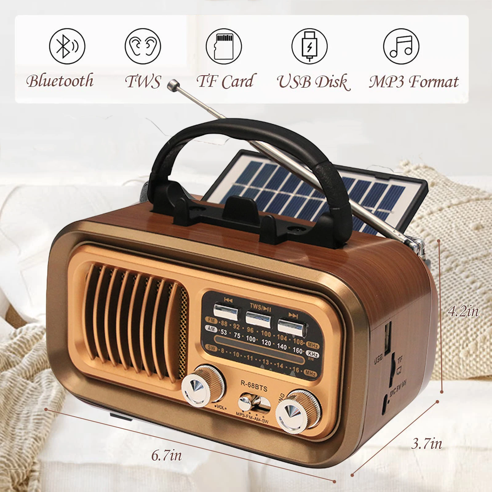 Portable DSP Radio Classic Vintage FM AM SW Radios Wireless Retro Solar  Bluetooth Speaker USB Music Player Removable Battery