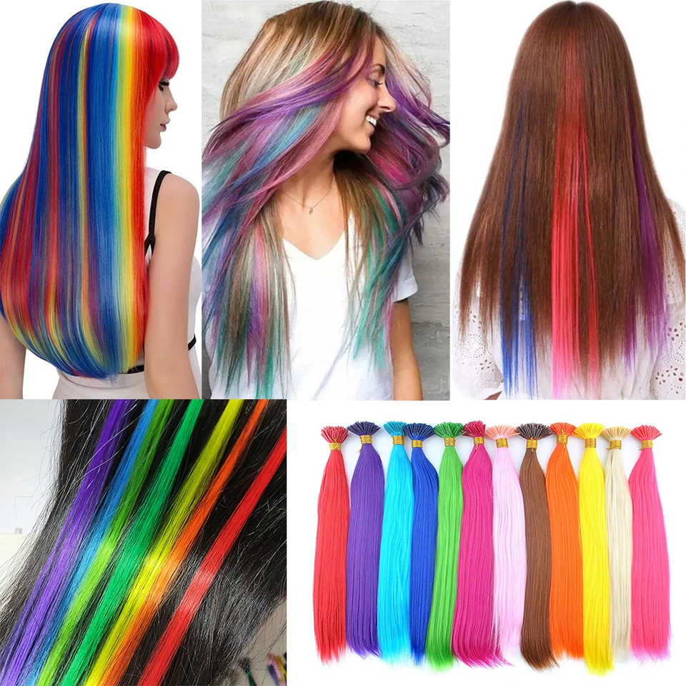 Extensiones Sintéticas de Color I-Tip Pluma 10-50 Hebras/Paquete Fibra de Alta Temperatura Accesorios de Peluca Color Sólido