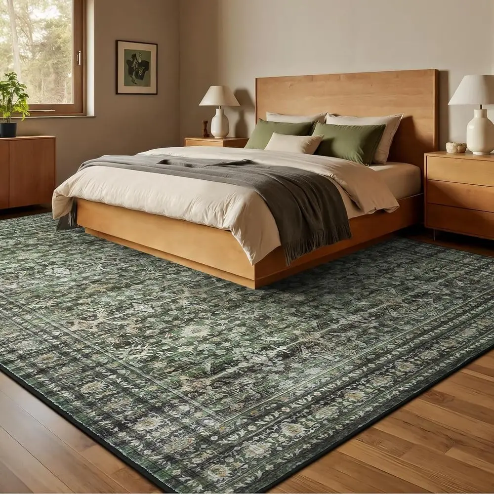 Green 9x12 Boho Area Rug - Soft, Washable, Non-Slip Backing for Living Room, Bedroom, Dining Room, and Home Office