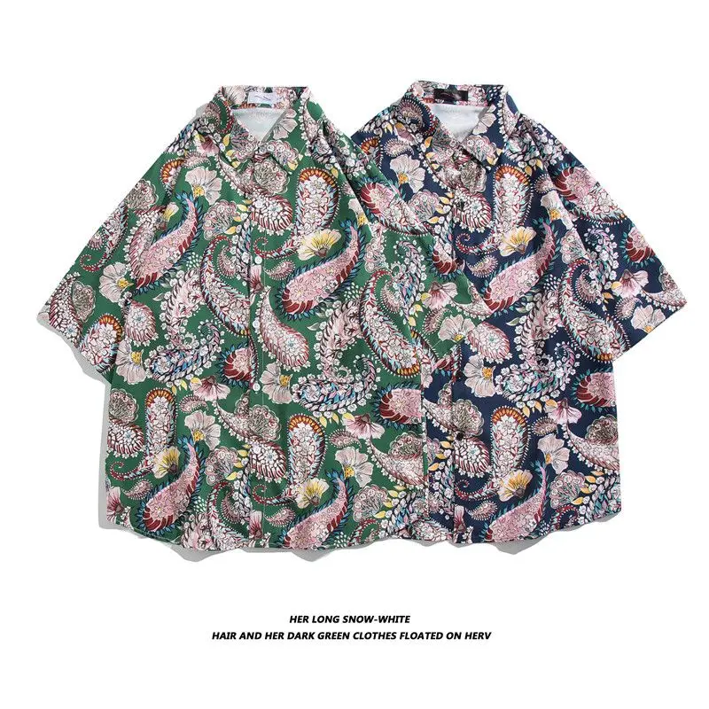 

Versatile Loose Men's ort Sve irt Summer Trendy Print Streetwear Hawaiian Sle Couple's irt Stand Fit Polyester