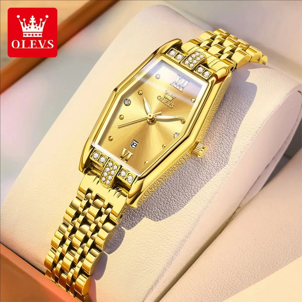 

OLEVS оригинальные кварцевые часы для женщин, роскошные водонепроницаемые часы из нержавеющей стали, модные женские золотые часы Tonneau с датой и циферблатом 3699