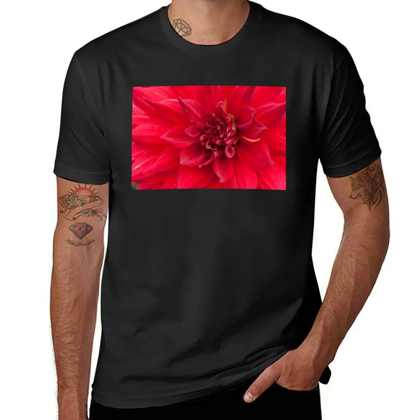 Red Dahlia Flower T-Shirt tops Aesthetic clothing sweat oversizeds heavy weight t shirts for men