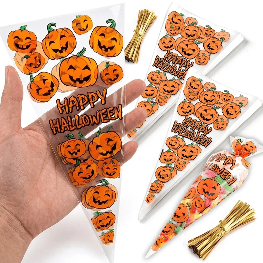 95pcs Happy Halloween Pumpkin Pattern Candy Bags Transparent Plastic Treat Pouches with Twist Ties for Party Trick-or-Treat XJM