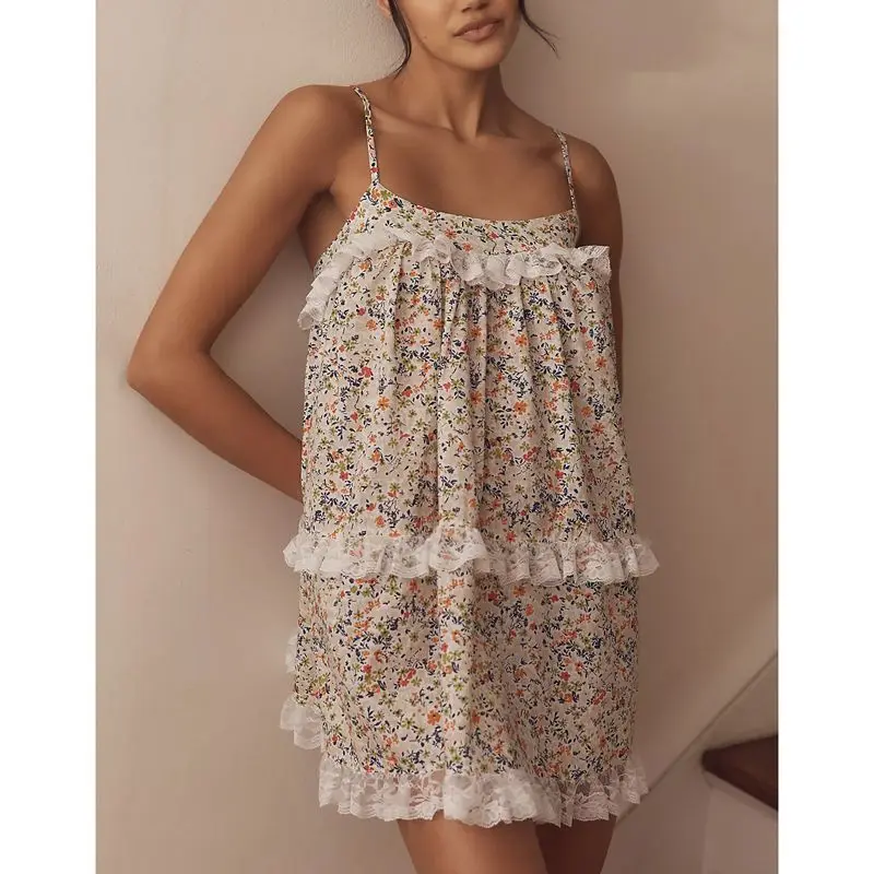 Mujer Verano Y2K Vintage Sin Mangas Volantes Encaje Trim Color Sólido/Estampado Floral Recorte Suelto Mini Cami Vestido