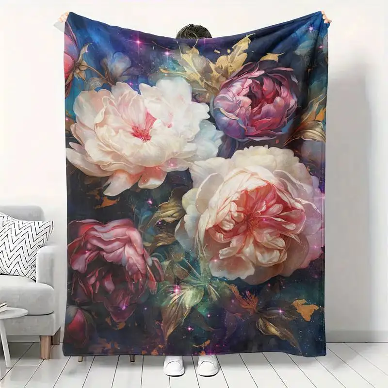 

Плед Luxe Peony Starry Night — элегантный мягкий плед с цветочным узором в стиле галактики для мечтательного уютного домашнего декора