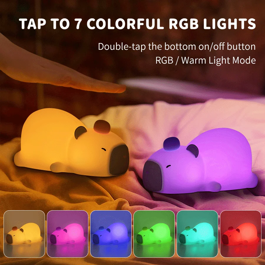 ไฟกลางคืน LED capybara ซิลิโคนลายการ์ตูนน่ารักชาร์จไฟได้ด้วย USB หรี่แสงได้ lampu tidur สำหรับห้องนอนของขวัญตกแต่งตั้งโต๊ะ