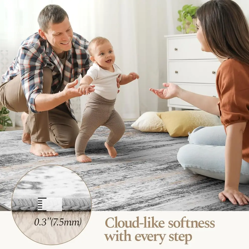 Large 8x10 Area Rug - Abstract, Washable, Soft Low Pile, Non-Slip, Stain-Resistant, Neutral Beige-Grey for Living Spaces