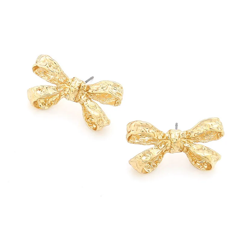 ZAA 2024 New Textured Metal Bow Stud Earrings for Women Retro Alloy Bow Knot Earrings- Fashion Jewelry Accessories