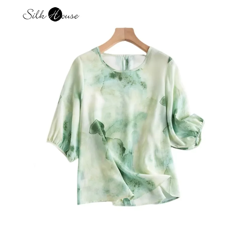 2024 Women's Summer New 100% Natural Mulberry Silk 03 Crepe De Chine Temperament Lantern Sleeves Round Neck Versatile T-shirt