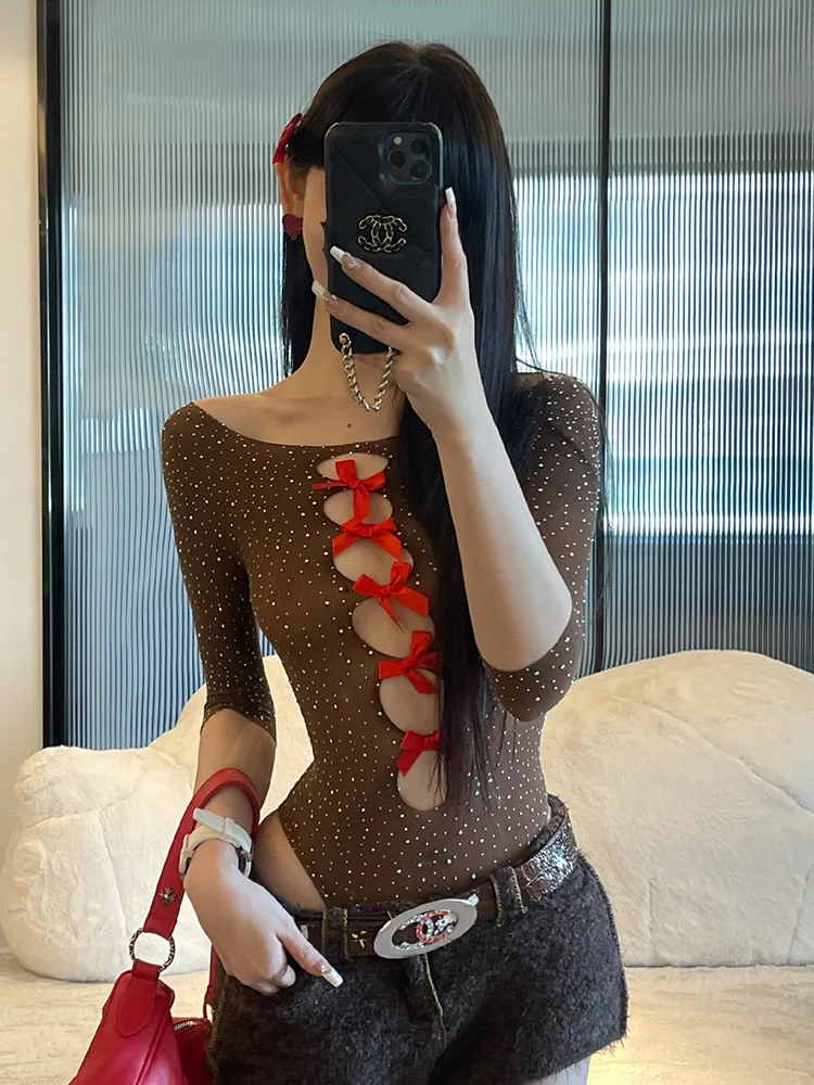 

Сексуальный вязаный комбинезон с вырезами, узлом, низкой талией, инкрустированный стразами, брюки прямого кроя из полиэстера