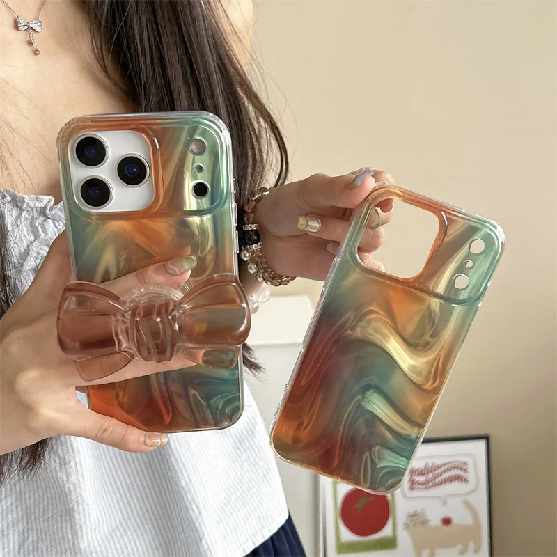 

Fashion Brown Green Silk Texture Phone Case For iPhone 17 Pro 14 15 16 Pro Max Back Cover Shockproof Cute Cases with Stand