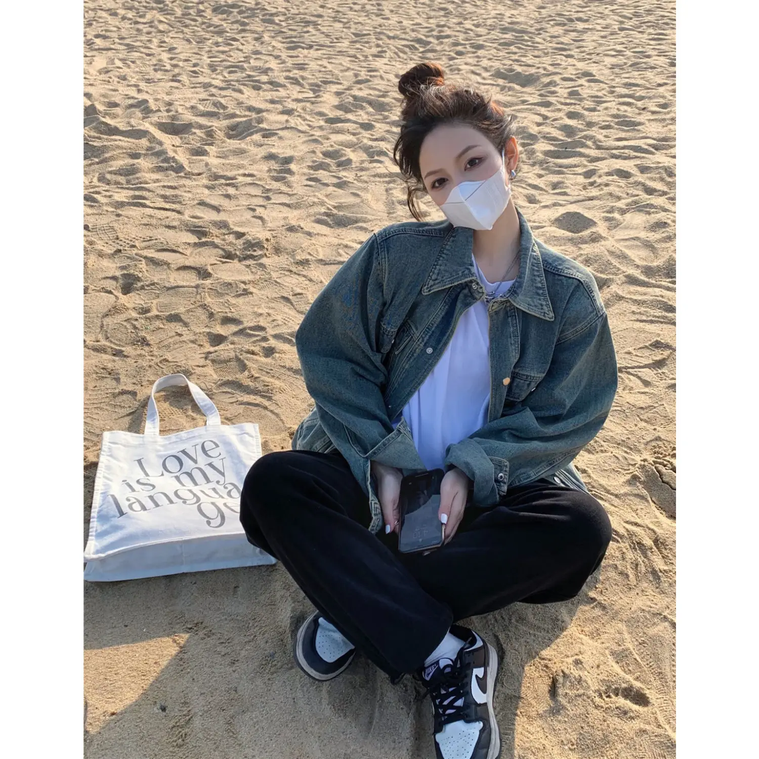 

Denim Coat Turtleneck Single Breasted Full Womens Fall Double-Faced Patchwork Oversized Ribbed School Pleated Flare Outcoats Y2K