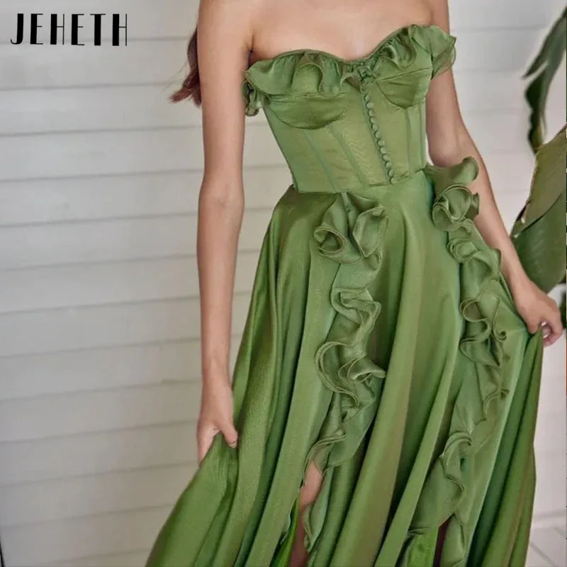 JEHETH Green Organza Strapless Prom Dress Sweetheart Floor Length Birthday Party Gown A-Line Side Slit فساتين السهرة Backless