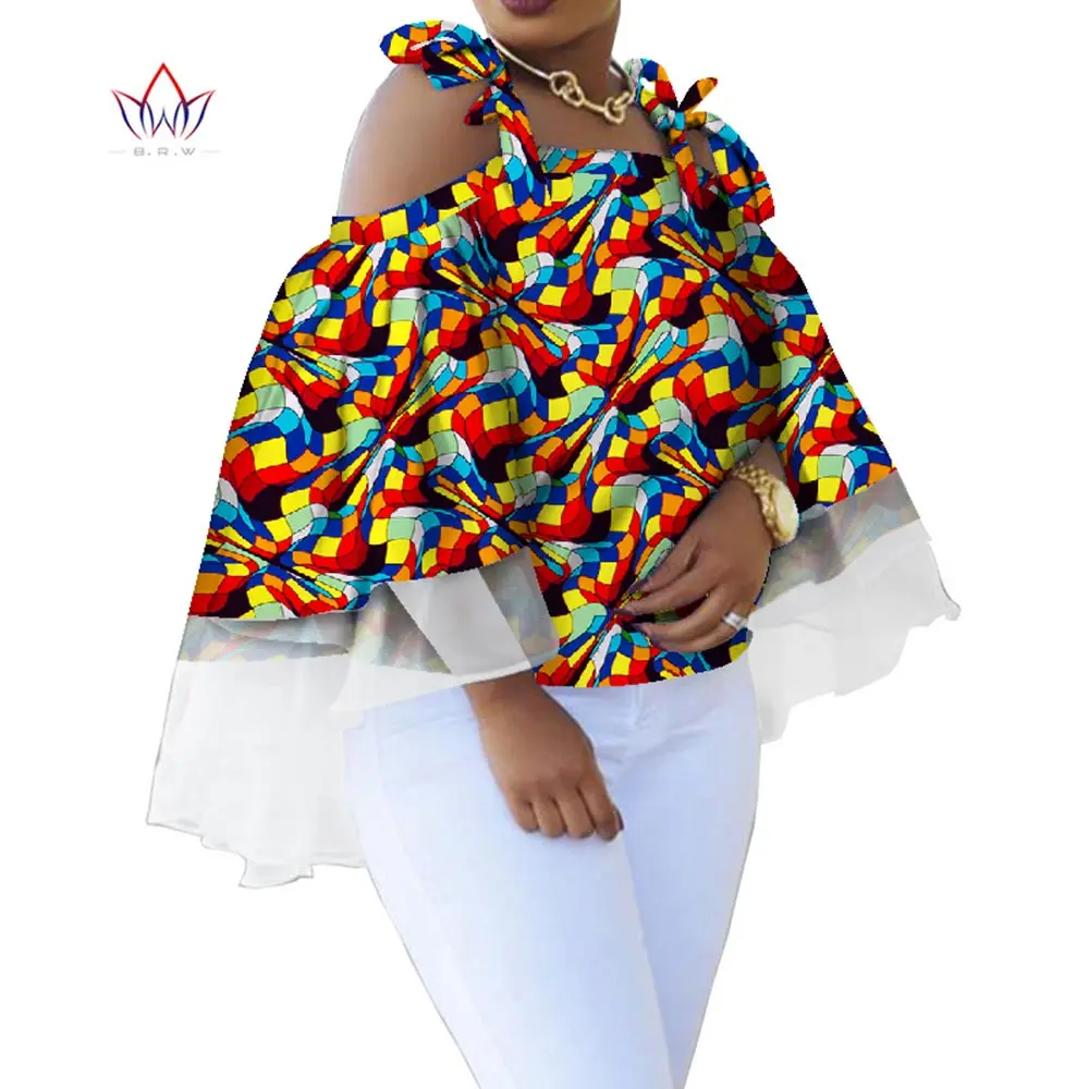 

Bintarealwax African Print Wax Shirt for Women Dashiki Summer Off Shoulder Strap Tops Flare Sleeves Blouse Africa Clothes WY5101