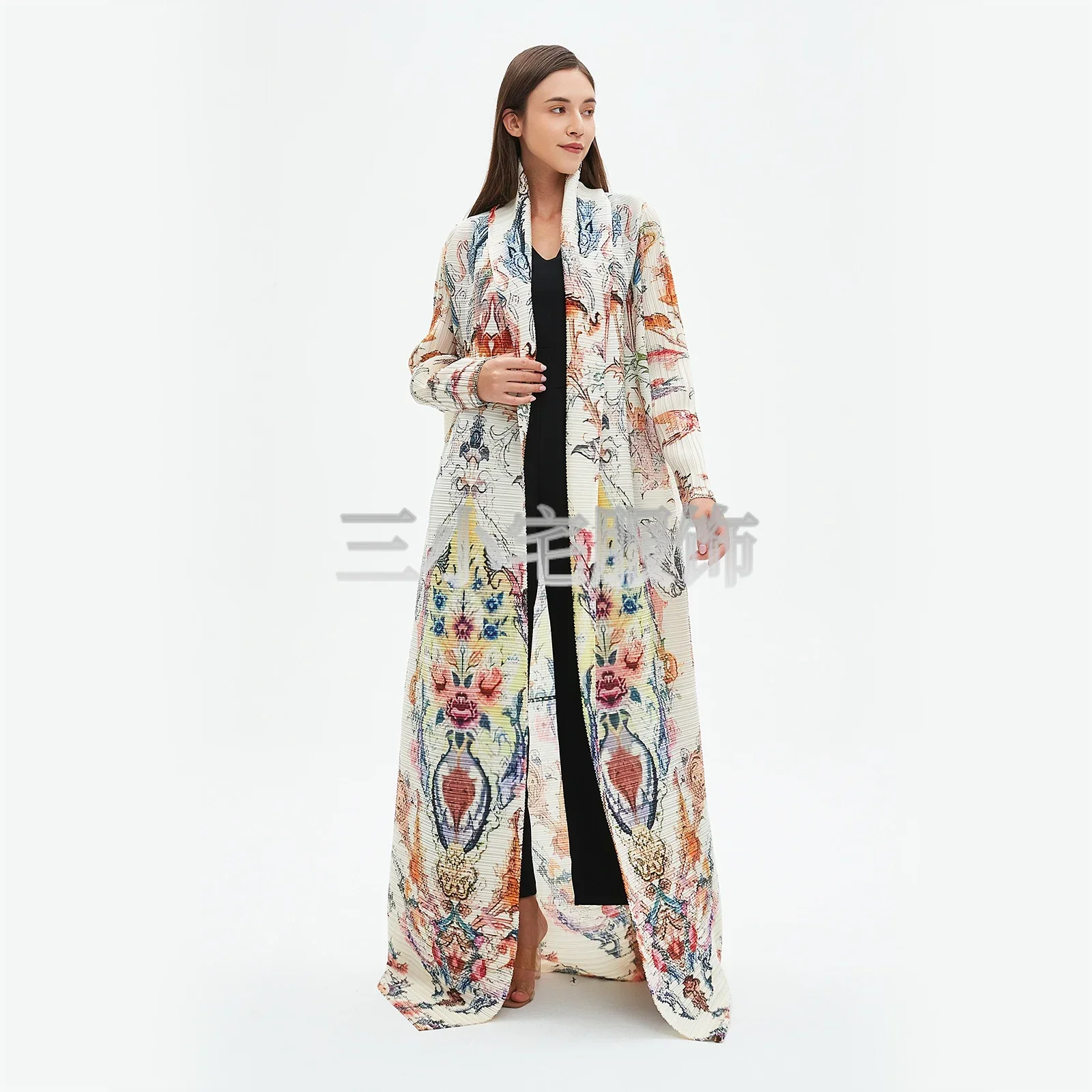 Pleats Pleated Long Sleeve Printed Dress Windbreak Women 2024 Winter New Original Designer Abayas Turndown Collar Belted Coats