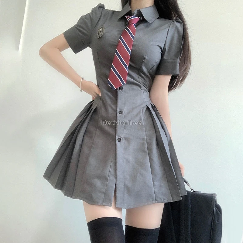 2024 new improved korea style jk uniform dress grey shirt pleated skirt uniform preppy slim retro daily women jk dress set w242