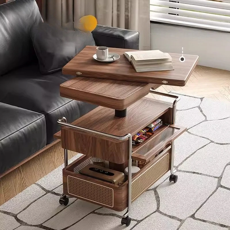 

Medieval style trolley living room movable folding with wheels movable small push table caramel color lifting coffee table side