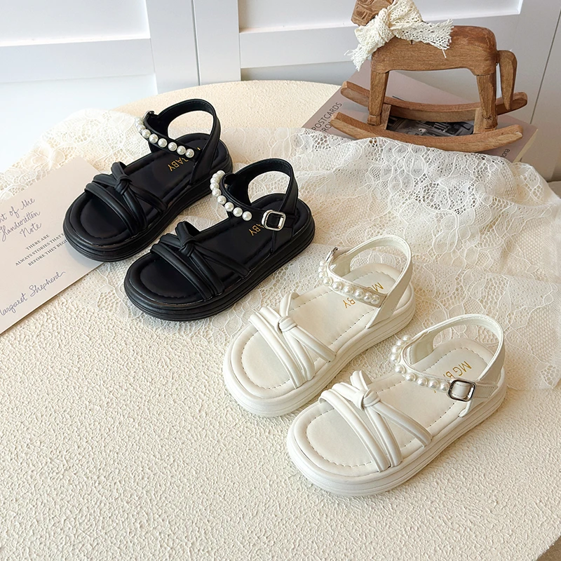 Girls Sandals Sweet Children's Summer Sandals with Bowtie Fashion Pearl Beading Open-toe Kids Causal Flat Princess Dress Shoes