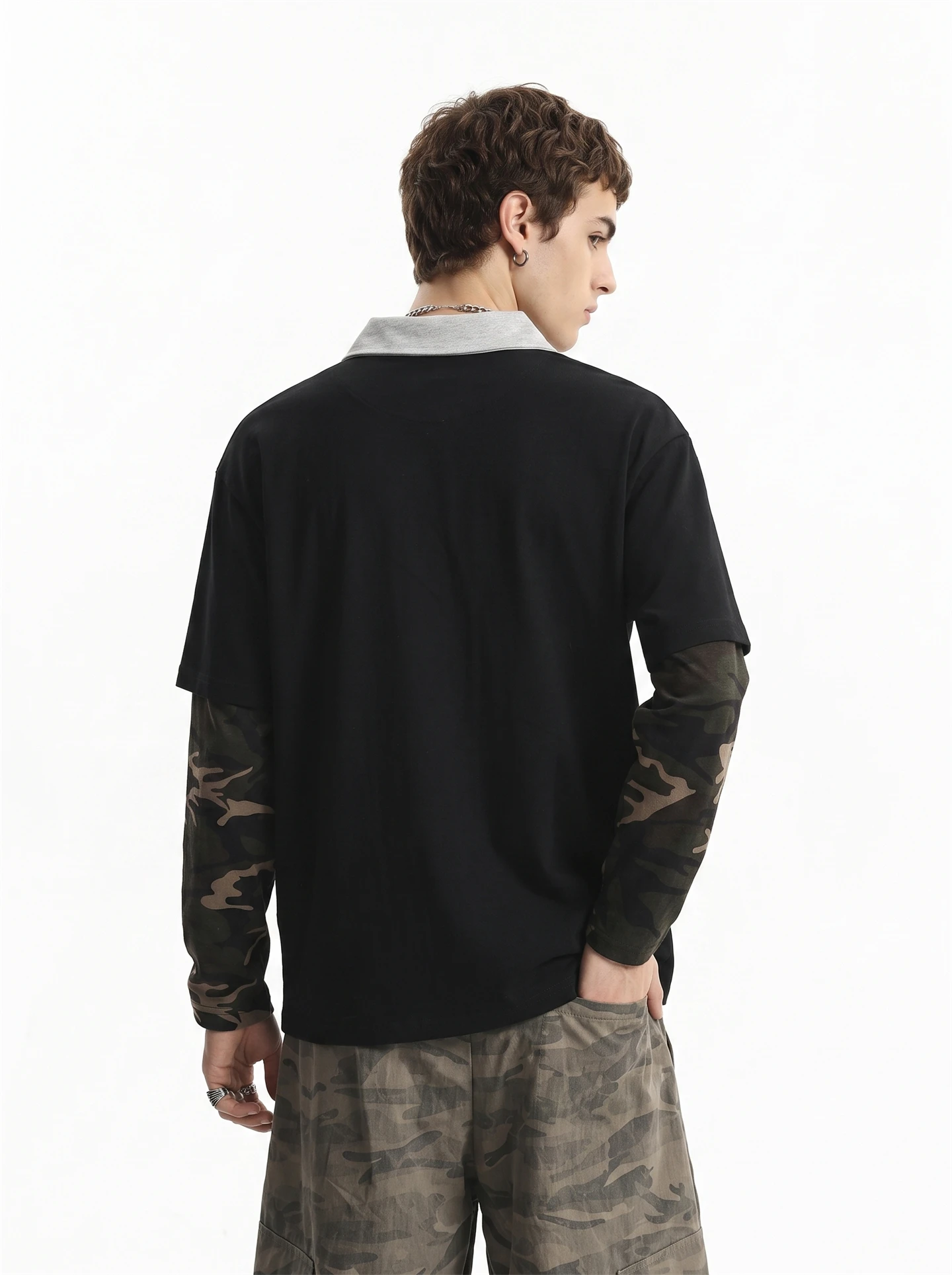 American Retro Camouflage Long Sleeve T-Shirt Loose Fit Men's Autumn New Style Printed Fake Two-Piece Top Youth Trend