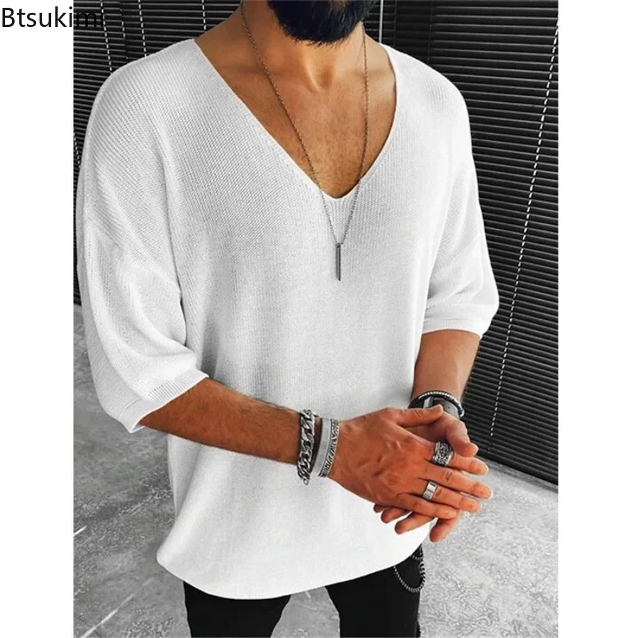 New 2024 Men\'s Summer Short Sleeve Knit Tops Shirts Casual V-neck British Loose Shirts Male Solid Shirts for Men Fashion Tops