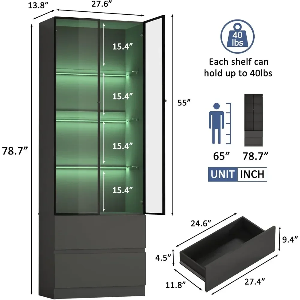 Display cabinet with 2 glass doors, glass display cabinet with LED lights, and 4 adjustable shelves