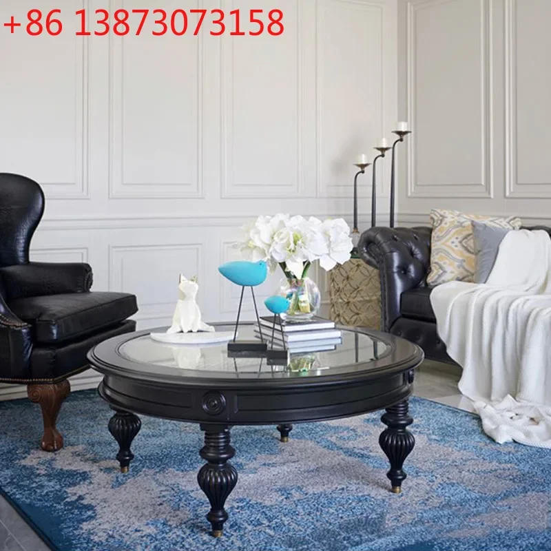 American solid wood round retro old handmade rattan glass surface homestay simple style coffee table