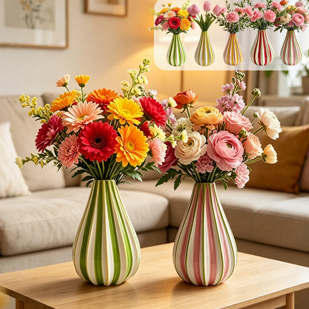 Colorful Vertical Striped Ceramic Vases,INS Pastel Vase Set,Perfect for Window Sill,Dining Table,Living Room,Wedding Decorations