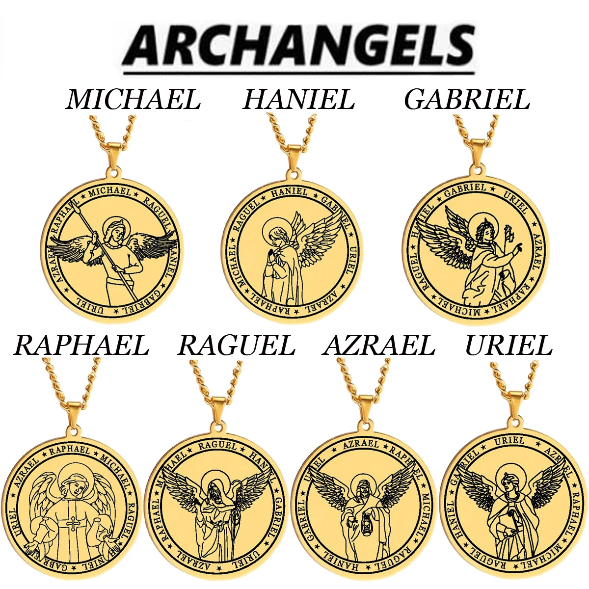 Gold Color 7 Archangels MICHAEL GABRIEL RAPHAEL RAGUEL AZRAEL URIEL Amulet Sigil of Angel Wings Stainless Steel Pendant Necklace