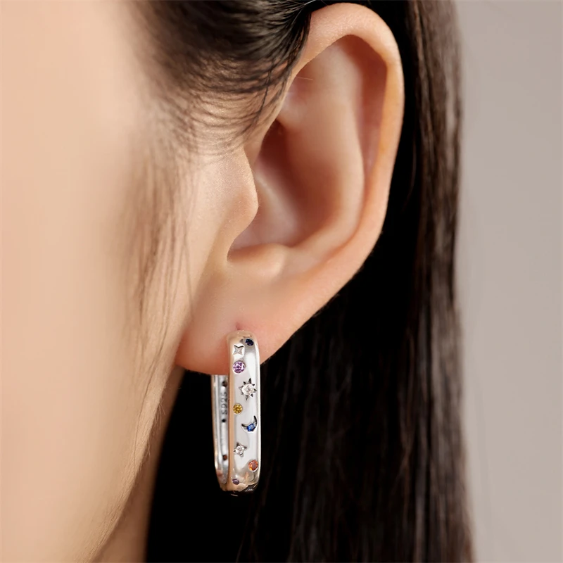 Real 925 Sterling Silver Hoop Earrings Colorful Zircon Bright Starry Sky Earrings Women Engagement Wedding Party Silver Jewelry