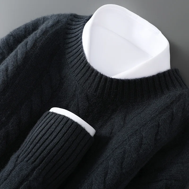 Осень-зима, новый свитер из % шерсти, мужской пуловер с круглым вырезом, утепленный свитер, повседневный деловой свободный вязаный кашемировый свитер