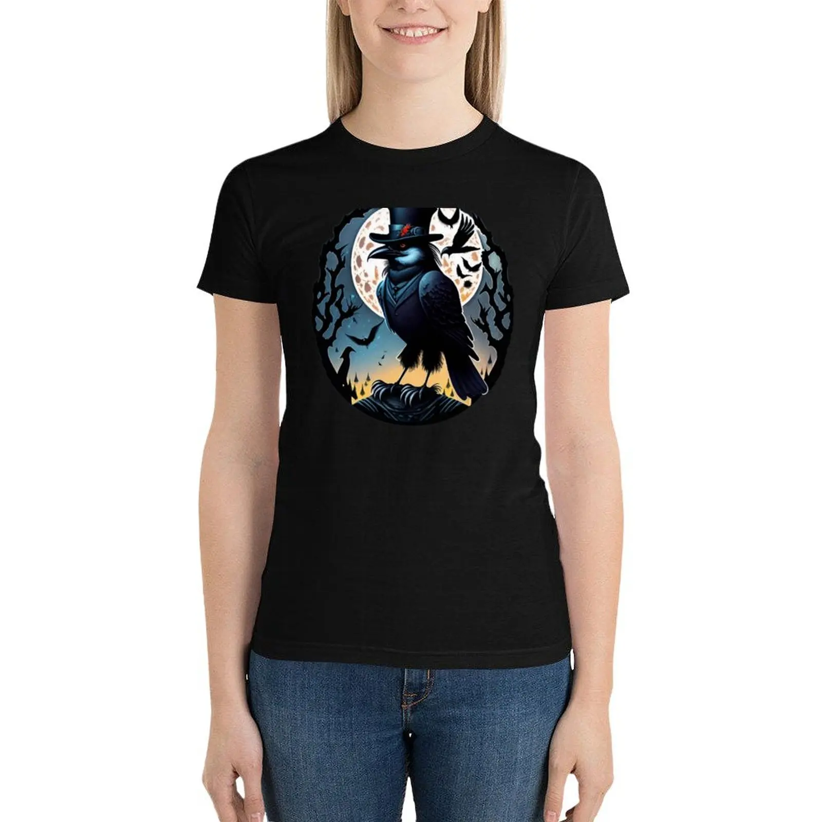 

Goth Raven In A Top Hat T-Shirt animal print shirt for girls summer clothes tops t shirts for Women loose fit